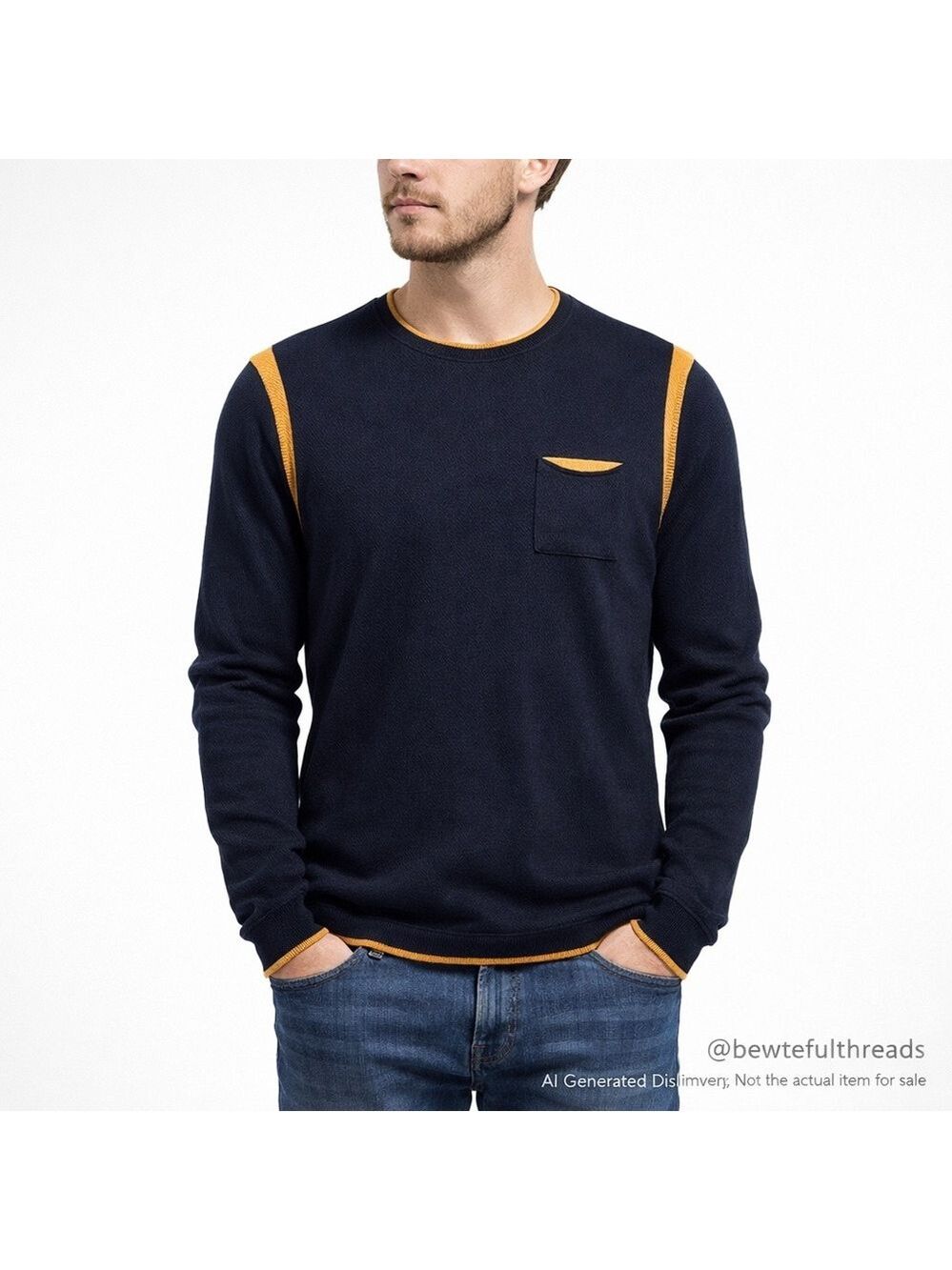 STONES Cotton Cashmere Navy Sweater Yellow Trim Pocket Men’s S
